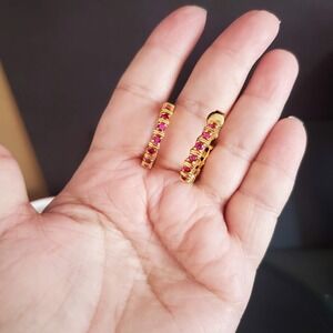 Pink Crystal Hoop Earrings Womens Gold Tone SGE Electroplated Clip On
